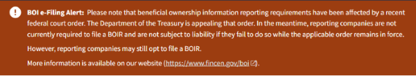 FinCEN beneficial ownership information e-Filing alert