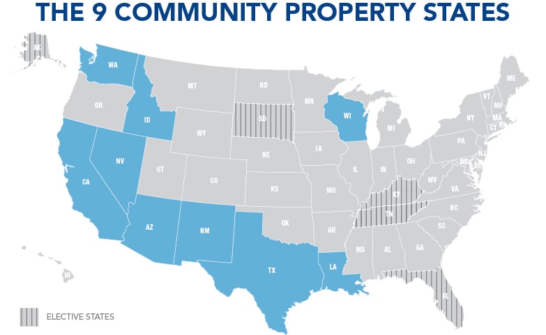Map of United States with Arizona, California, Idaho, Louisiana, Nevada, New Mexico, Texas, Washington and Wisconsin highlighted in light blue